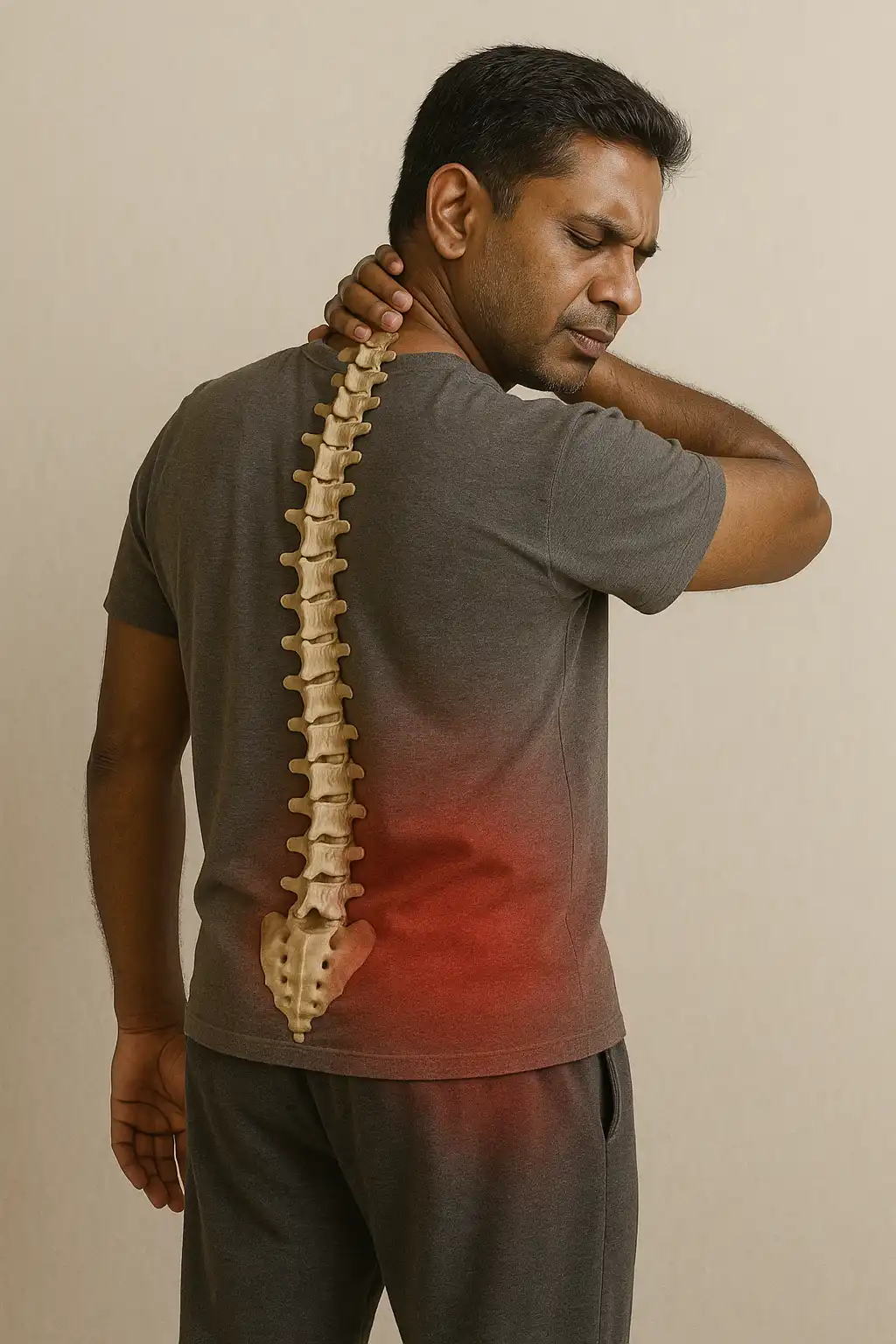 Man holding his neck with spine illustration highlighting nerve inflammation — partial spinal cord injury pain and neurological impairment.