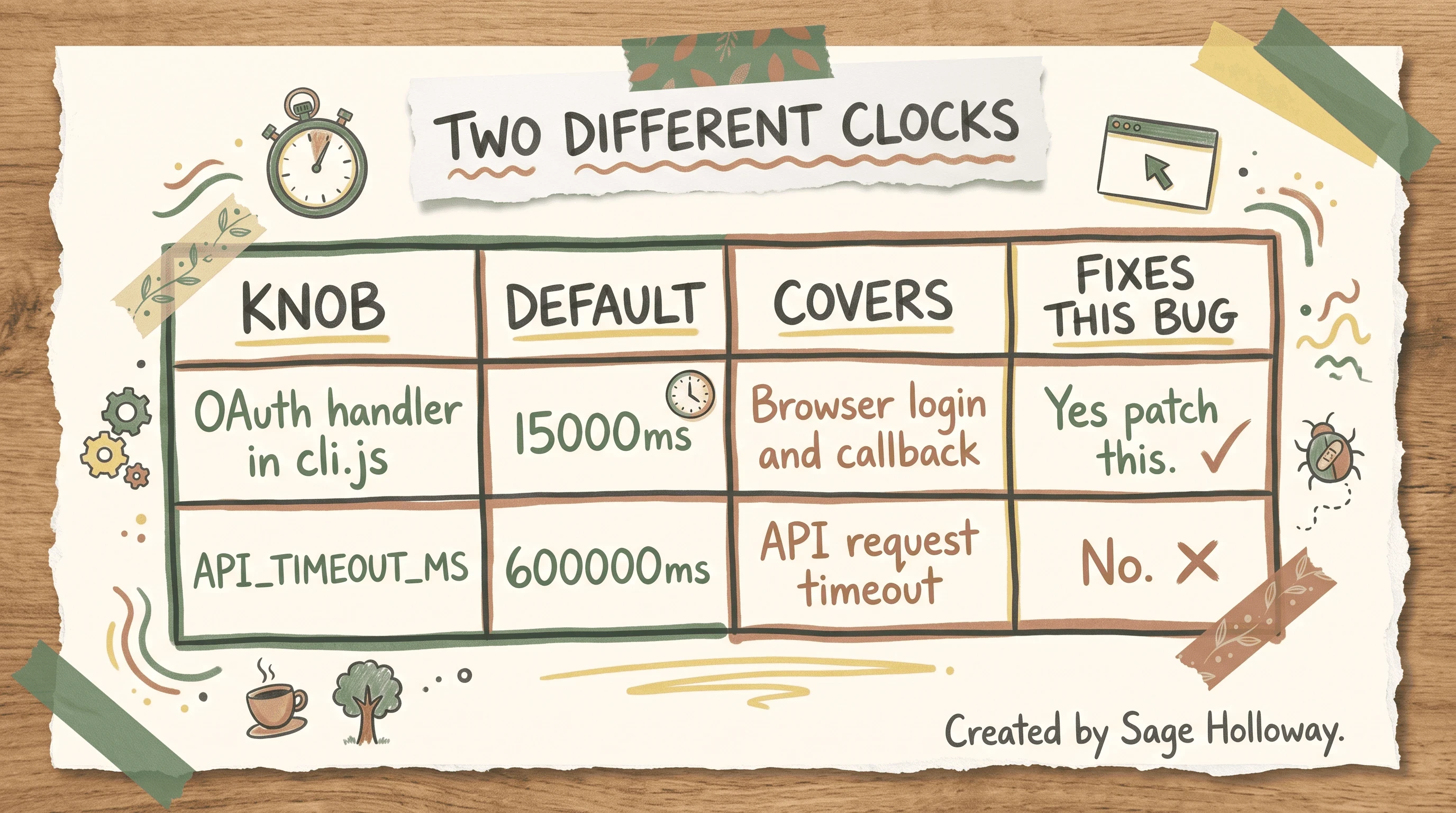Table comparing Claude Code hardcoded OAuth 15000ms timeout with API_TIMEOUT_MS 600000ms