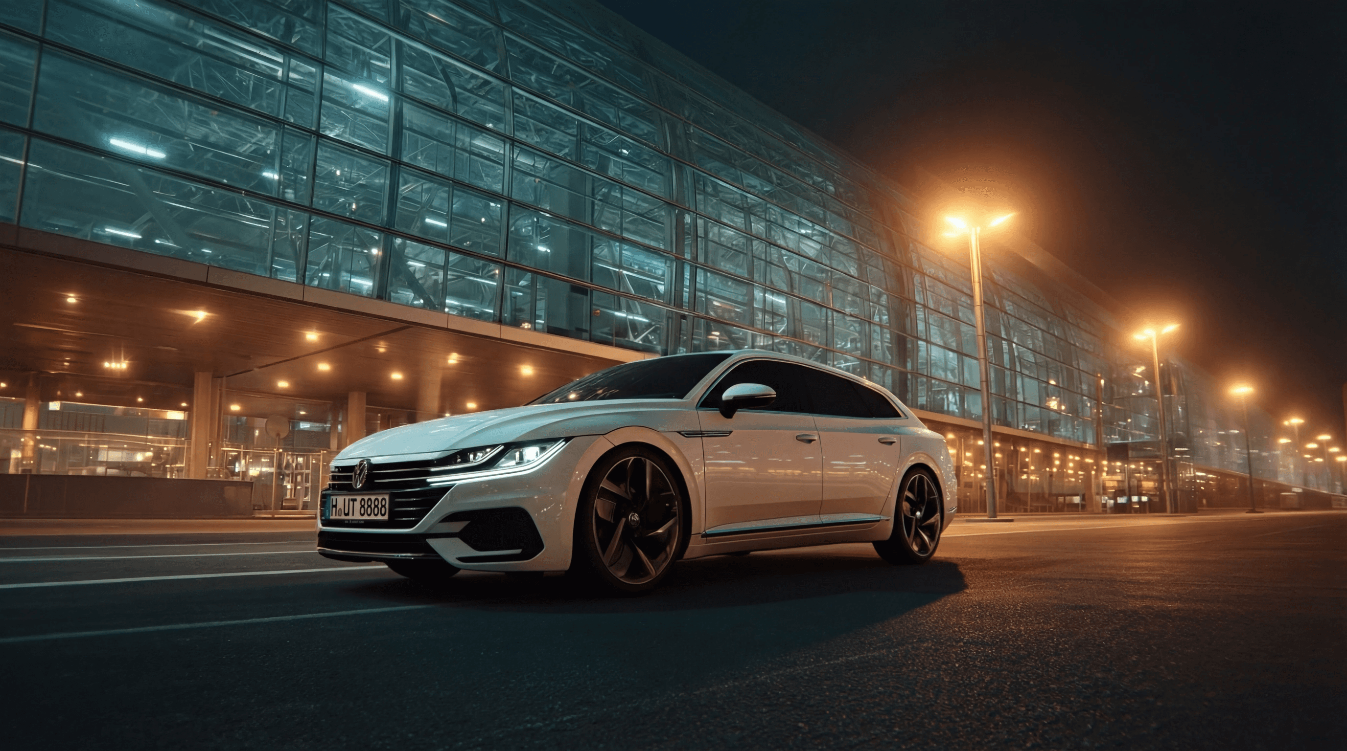 Ein weißer Volkswagen Pkw fährt nachts mit eingeschalteten Scheinwerfern auf einer Straße in der Stadt; im Hintergrund ist ein Flughafen zu sehen.