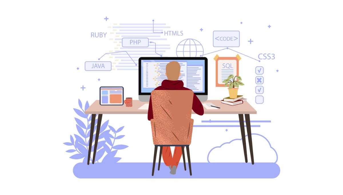 Illustration of a developer working at a desk with a large monitor displaying code, surrounded by icons for programming languages like Java, Ruby, HTML5, SQL, and CSS—representing full‑stack developer jobs, including remote, Java‑focused, and entry‑level roles.