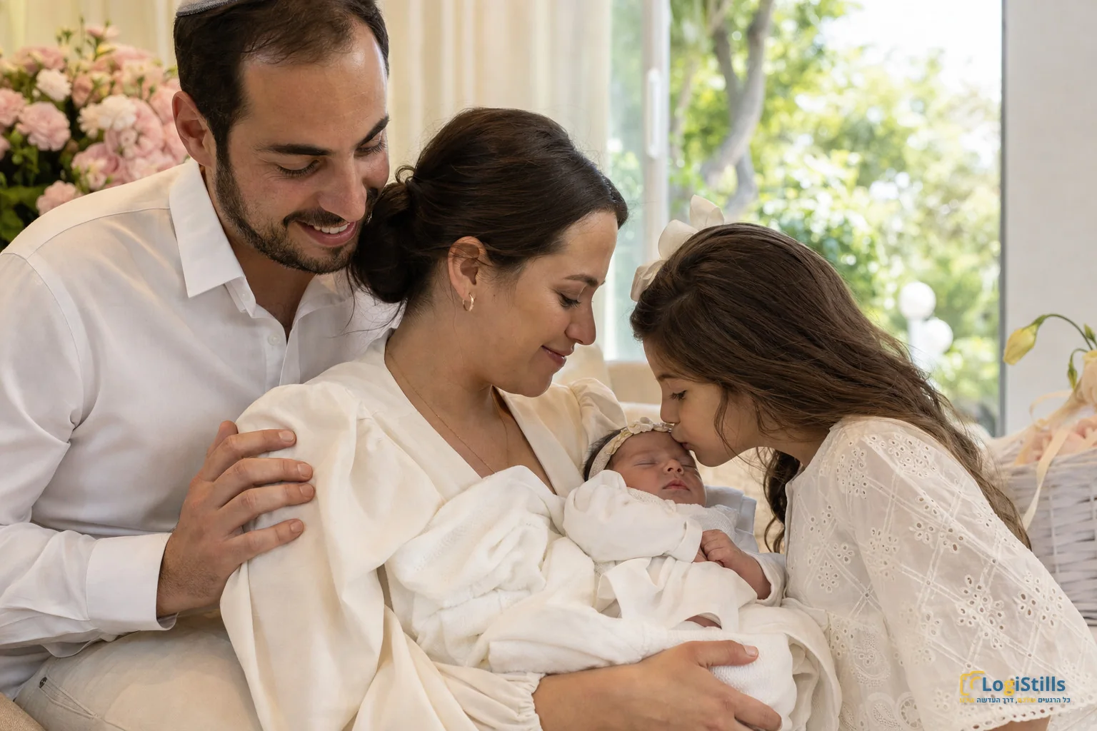 הורים מנשקים את תינוקתם ברגע שקט בחגיגת בריתה