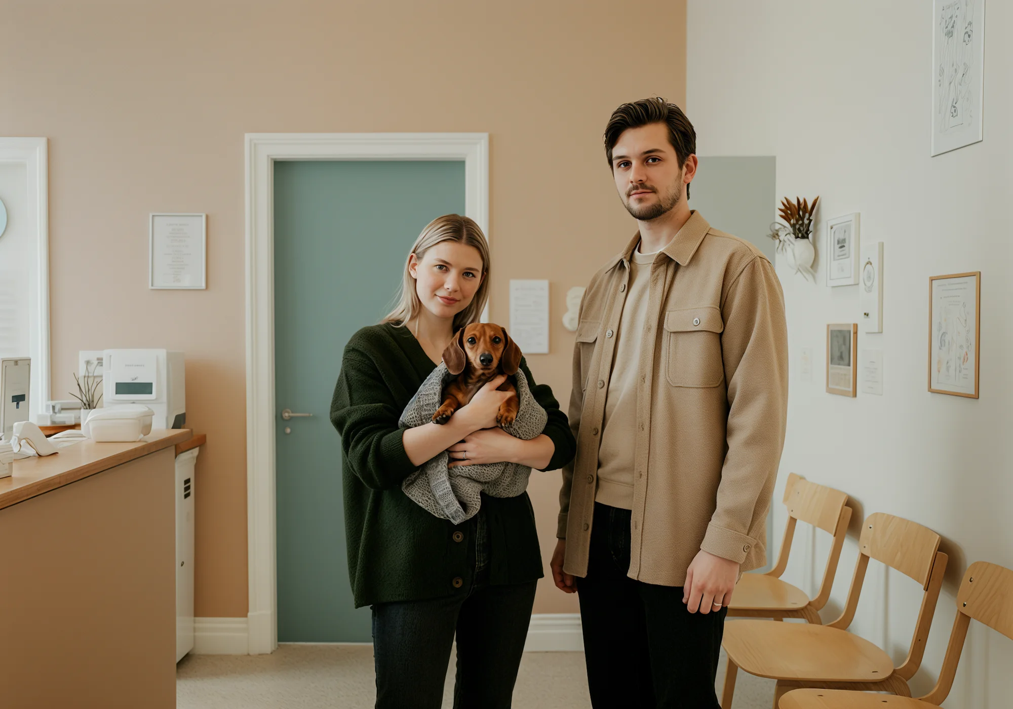 A couple holding their small dog in the clinic