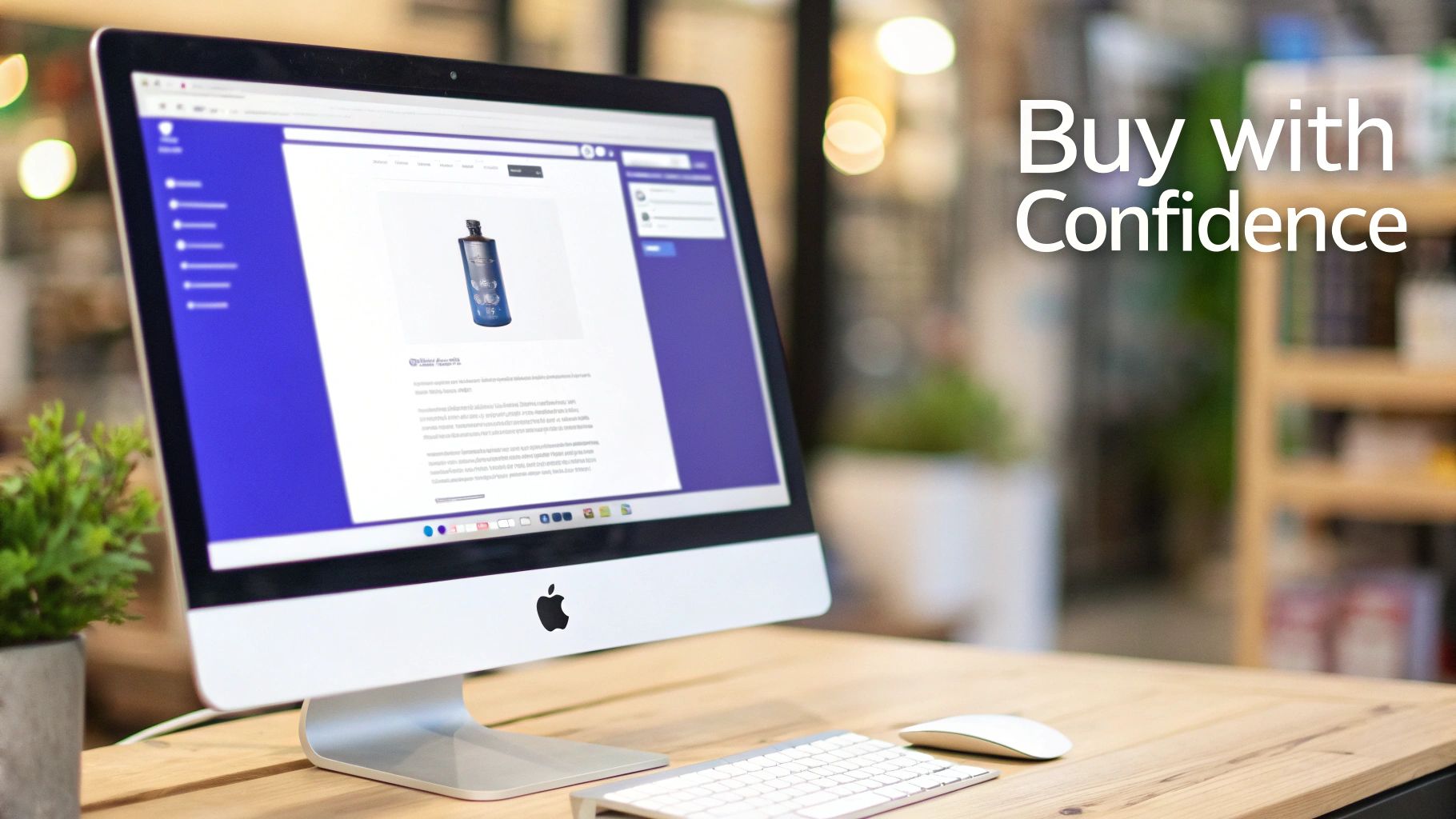 An Apple iMac displays an e-commerce page featuring a product, with 'Buy with Confidence' text.