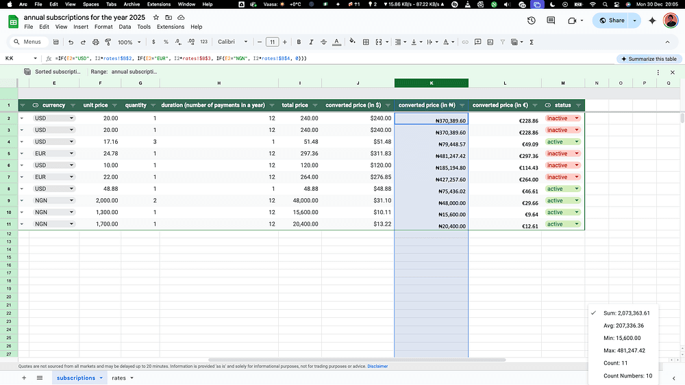 total value of column k in the bottom pane