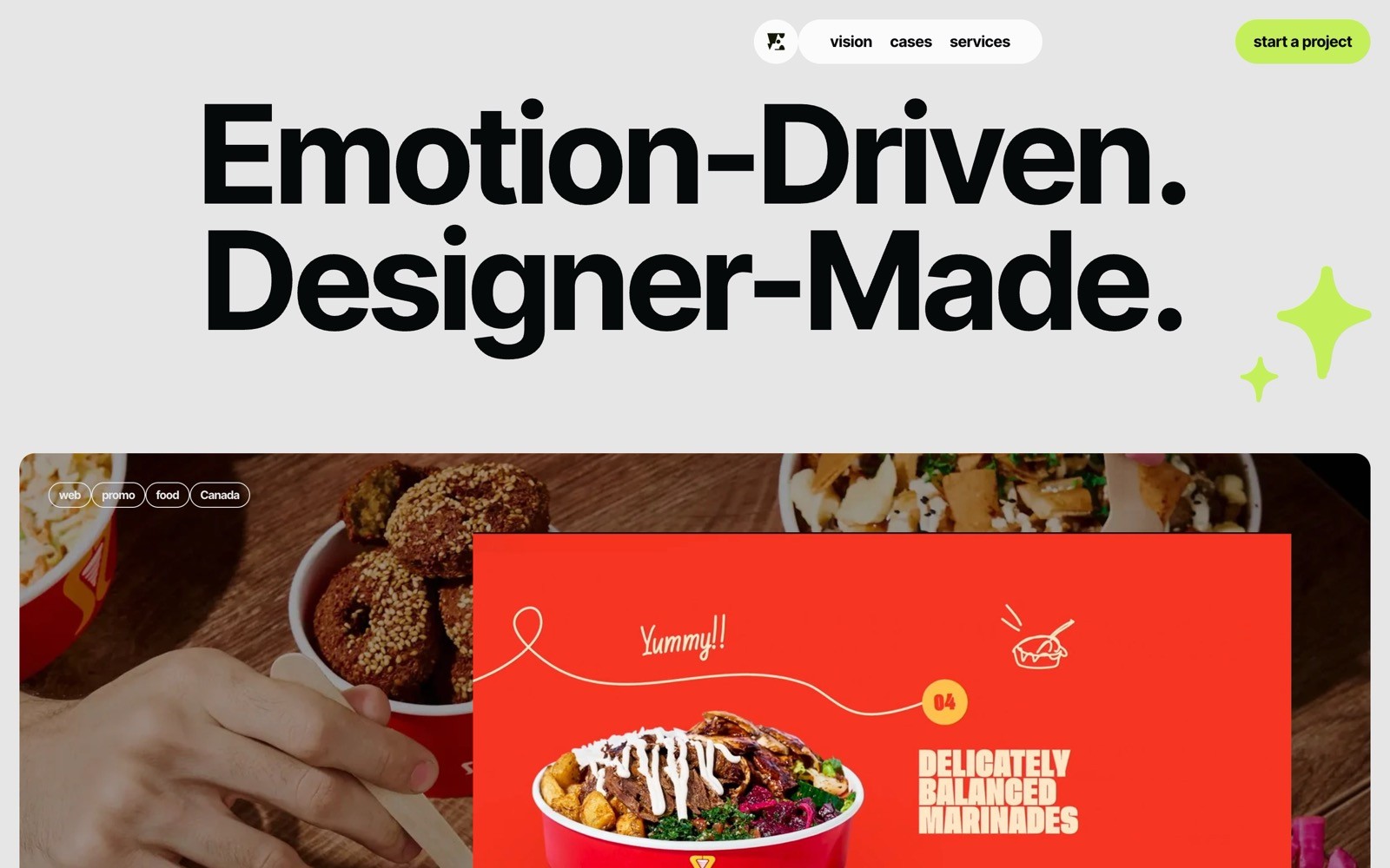 Bold text reads "Emotion-Driven. Designer-Made." with food images below. Button says "start a project." Star icon is present.