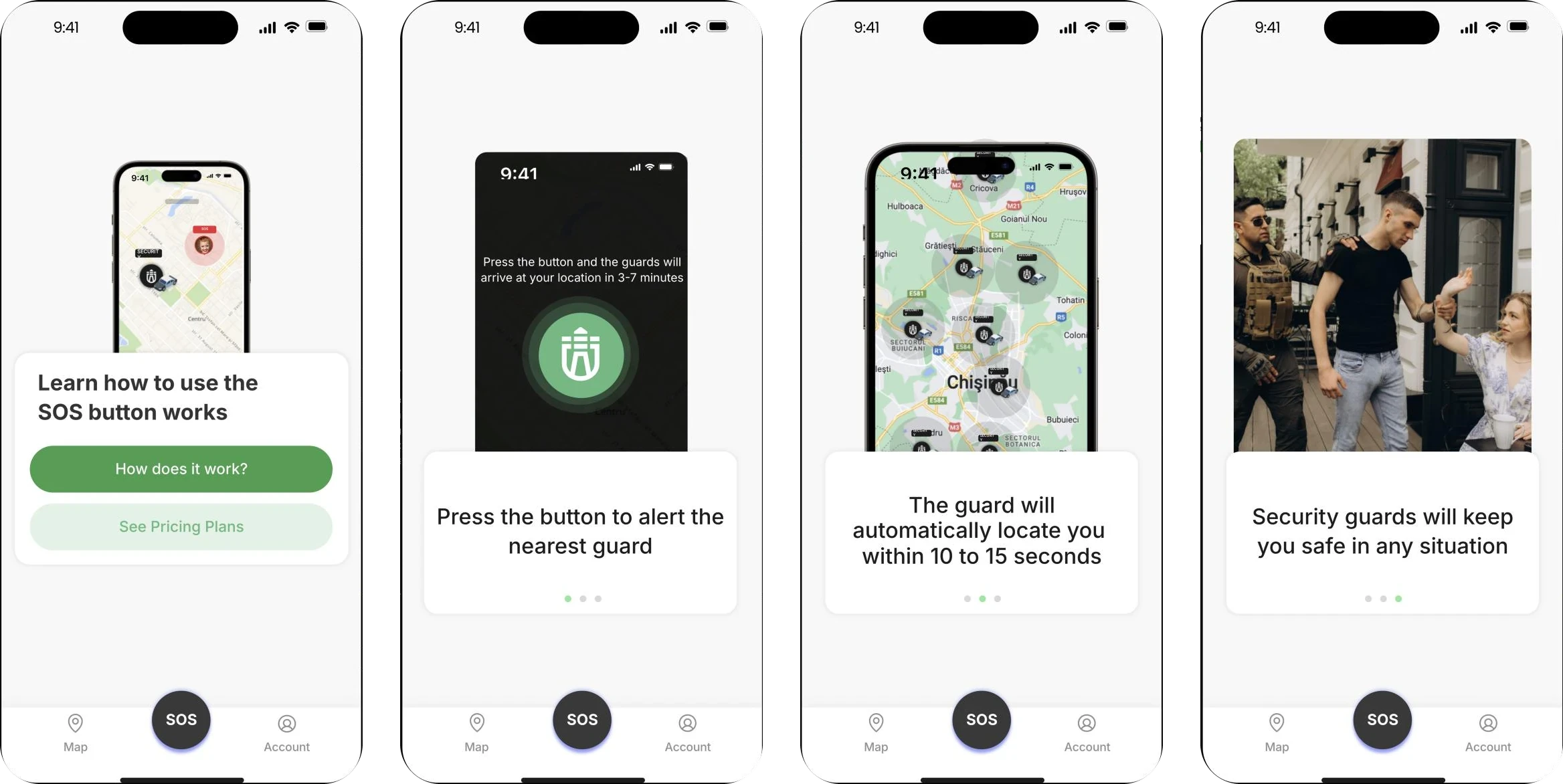 Version 1 onboarding screens: learn how to use the SOS button, press the button to alert the nearest guard, the guard will automatically locate you within 10 to 15 seconds, security guards will keep you safe in any situation