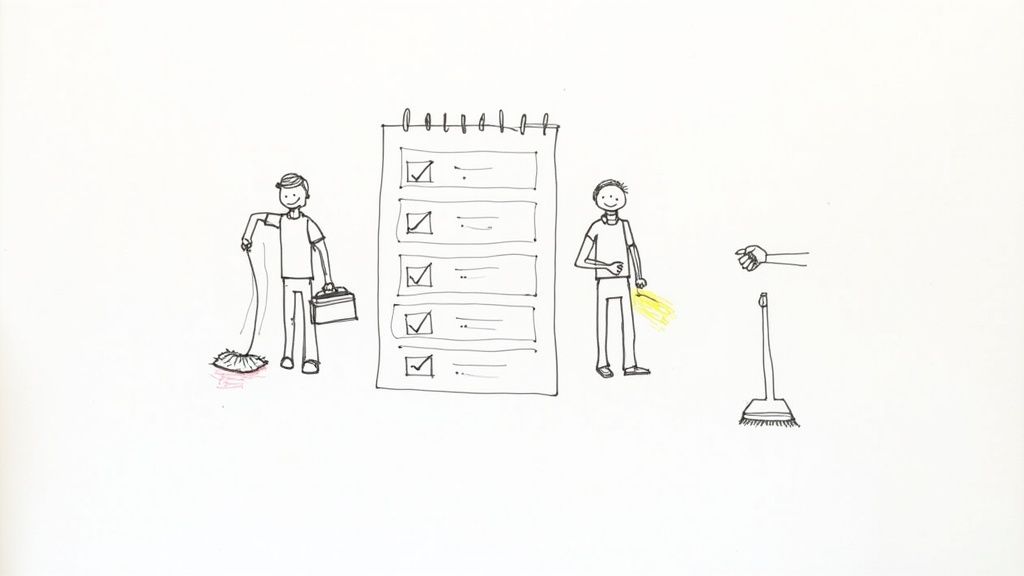 Professional cleaner preparing a vacation rental bed