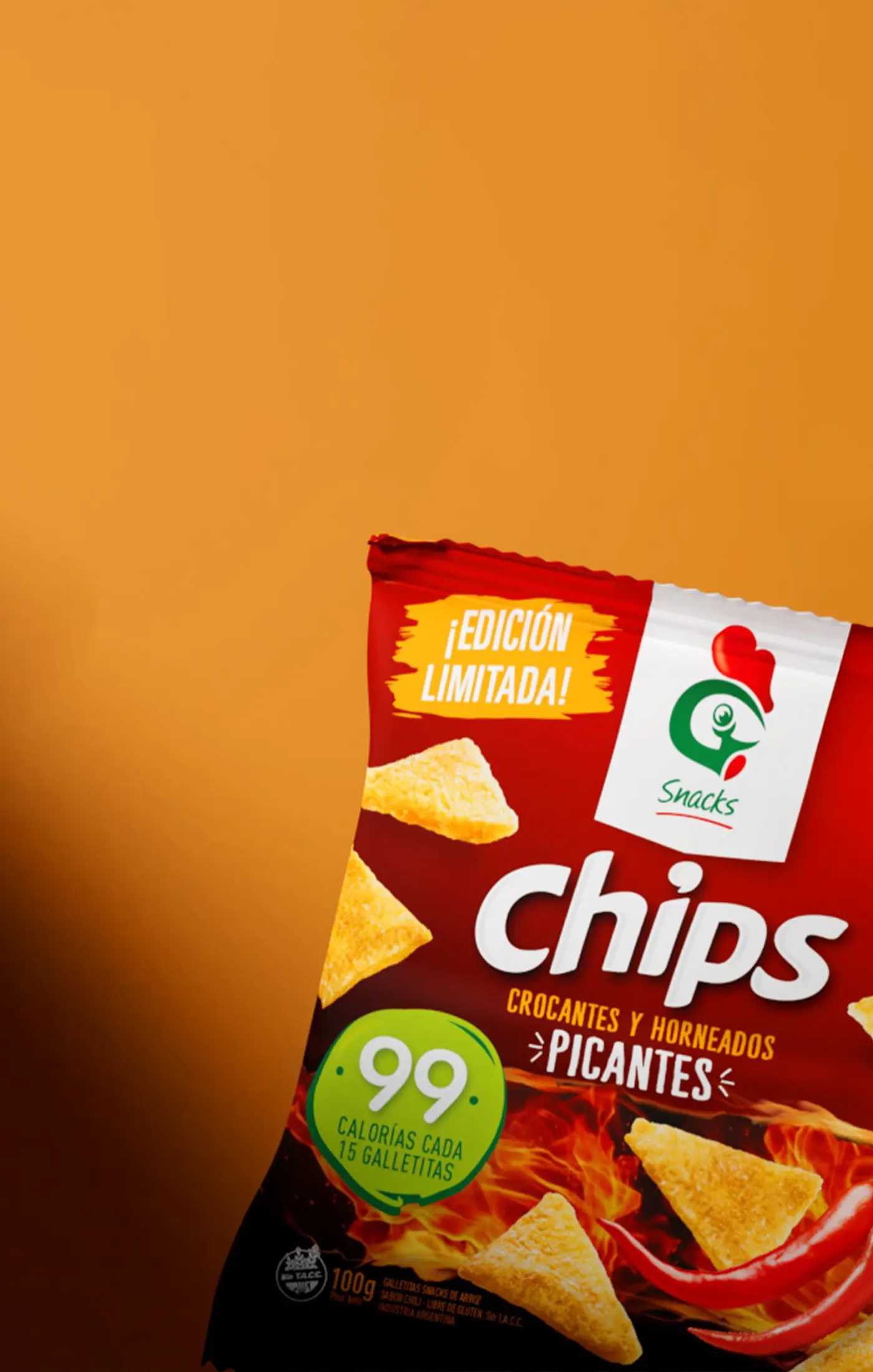 Limited edition spicy chips packaging, featuring a vibrant red design with chili peppers and triangular chips. Text highlights 99 calories per 15 chips.