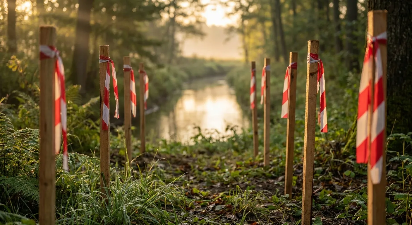 Forest path marked by stakes as sunlight filters through trees. RockN' Socials, Digital Marketing Agency.