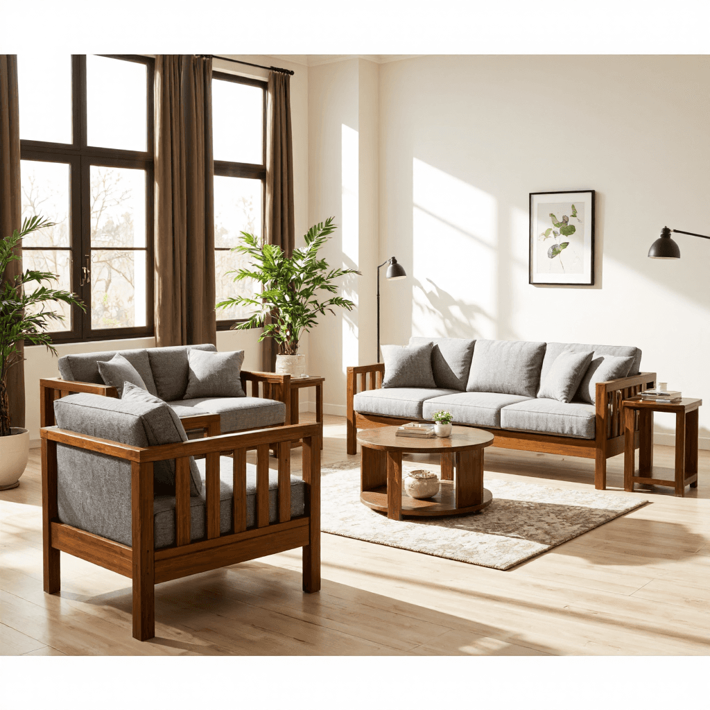 product photography of a set of living room furniture including a sofa, loveseat, armchair, coffee table, and side table