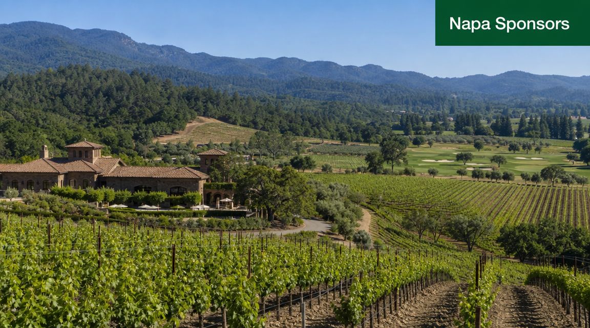 A scenic view of a Napa Valley vineyard with a luxurious estate and golf course background.
