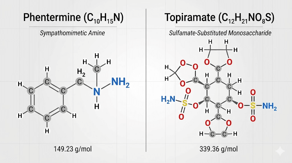 Qsymia phentermine topiramate molecular structures compared