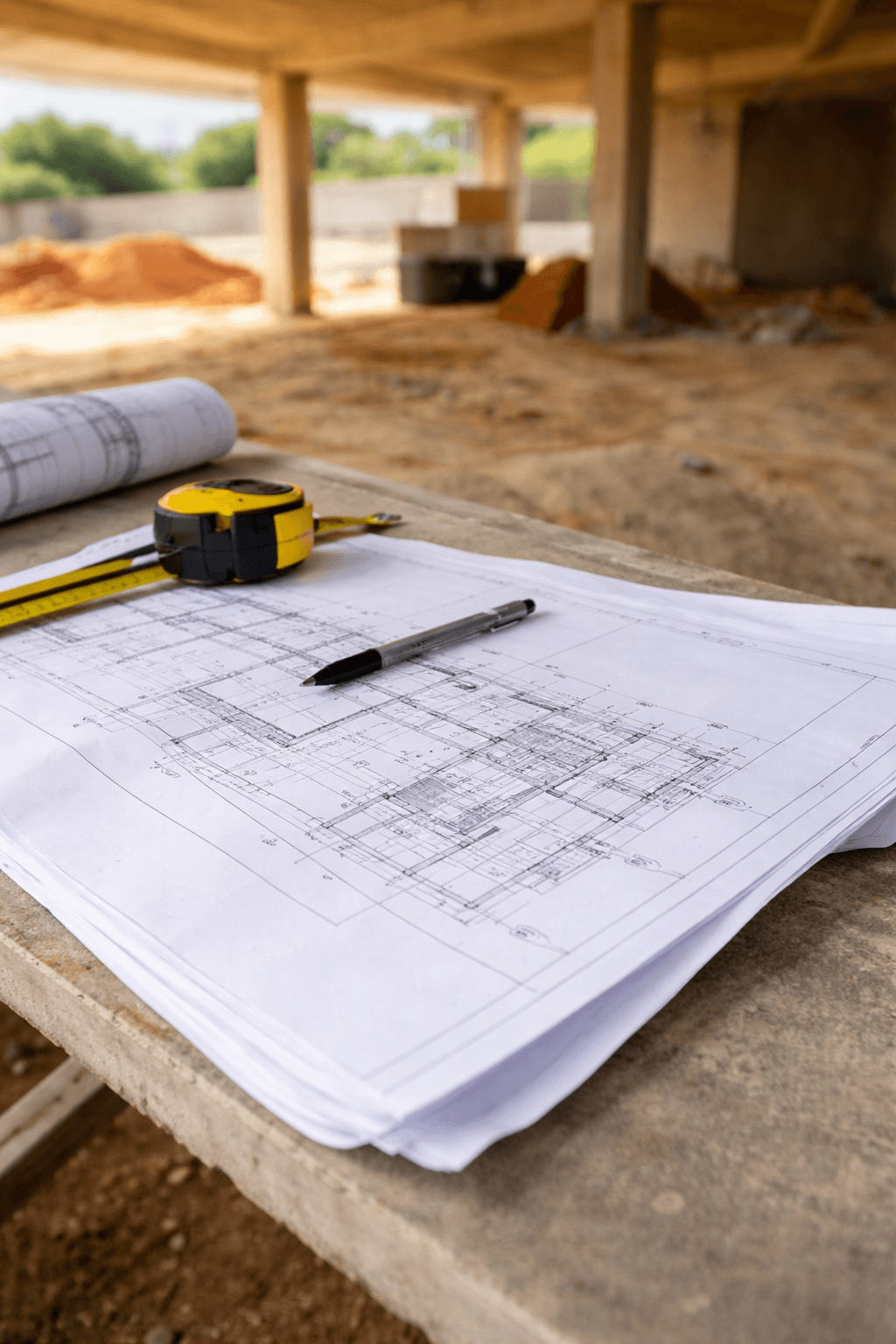 A hand holds a pencil, marking a wooden board alongside a yellow measuring tape. The image conveys precision and craftsmanship in woodworking.