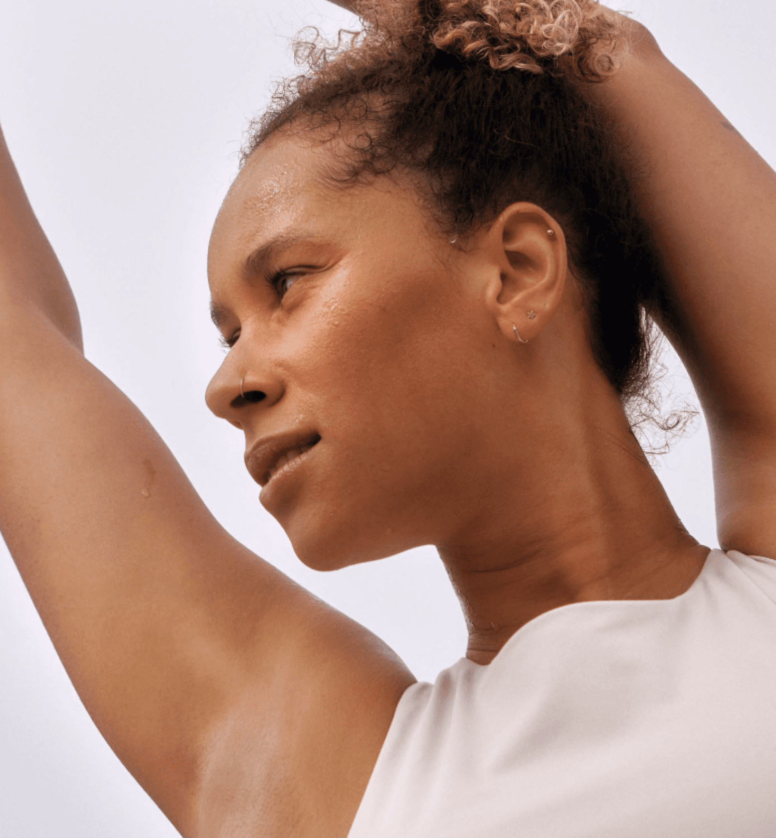 Person stretching and looking to the side