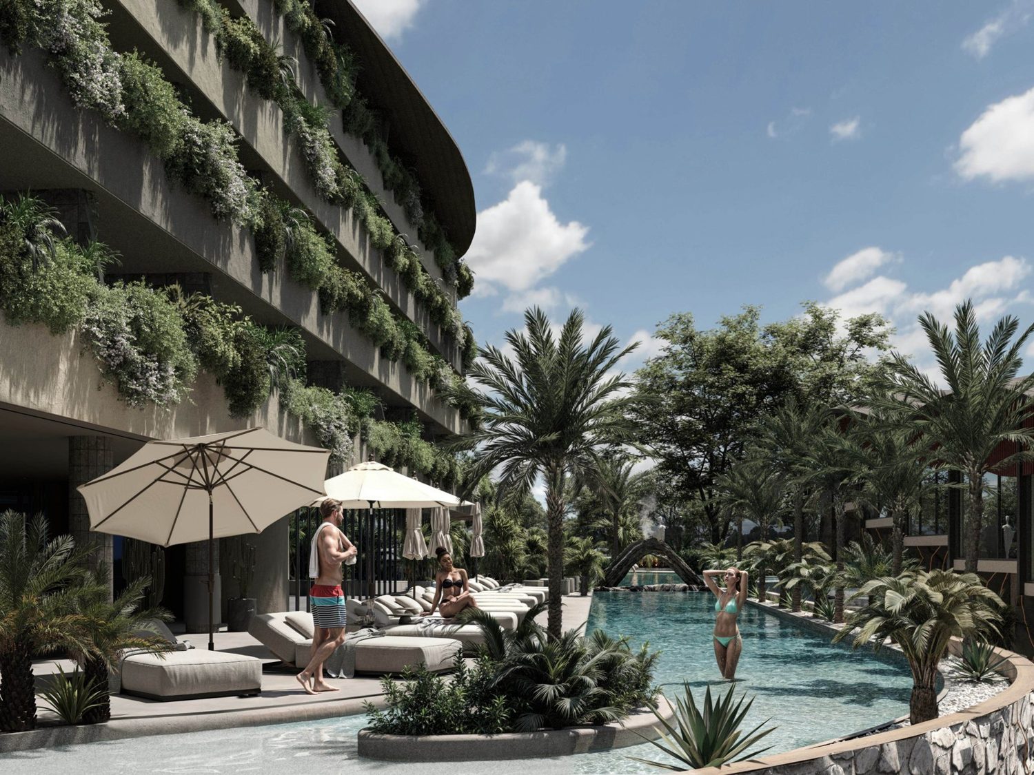 A completed Alex Villas Group complex in Bali with a swimming pool and tropical landscaping