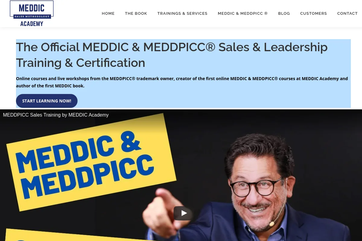 MEDDIC Academy homepage, the official MEDDIC and MEDDPICC sales and leadership training and certification