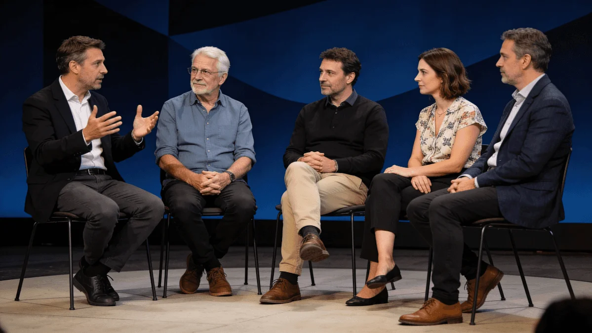 Panel discussion at an AI conference featuring experts in product, technology, and business.