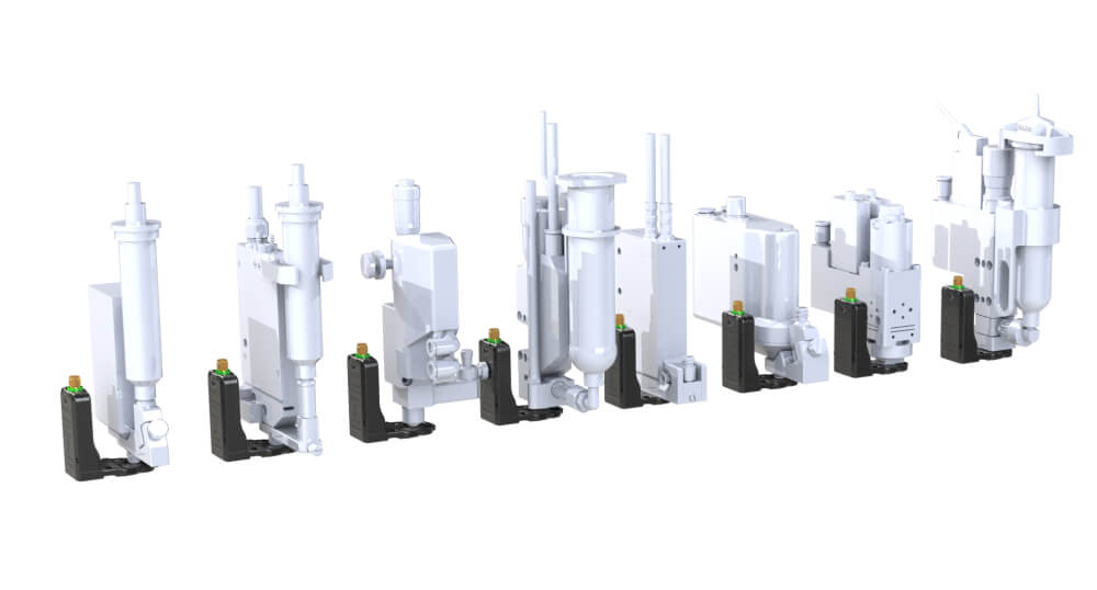 8 exemplary dispensing systems from various manufacturers with mounted droptical Drop Watcher