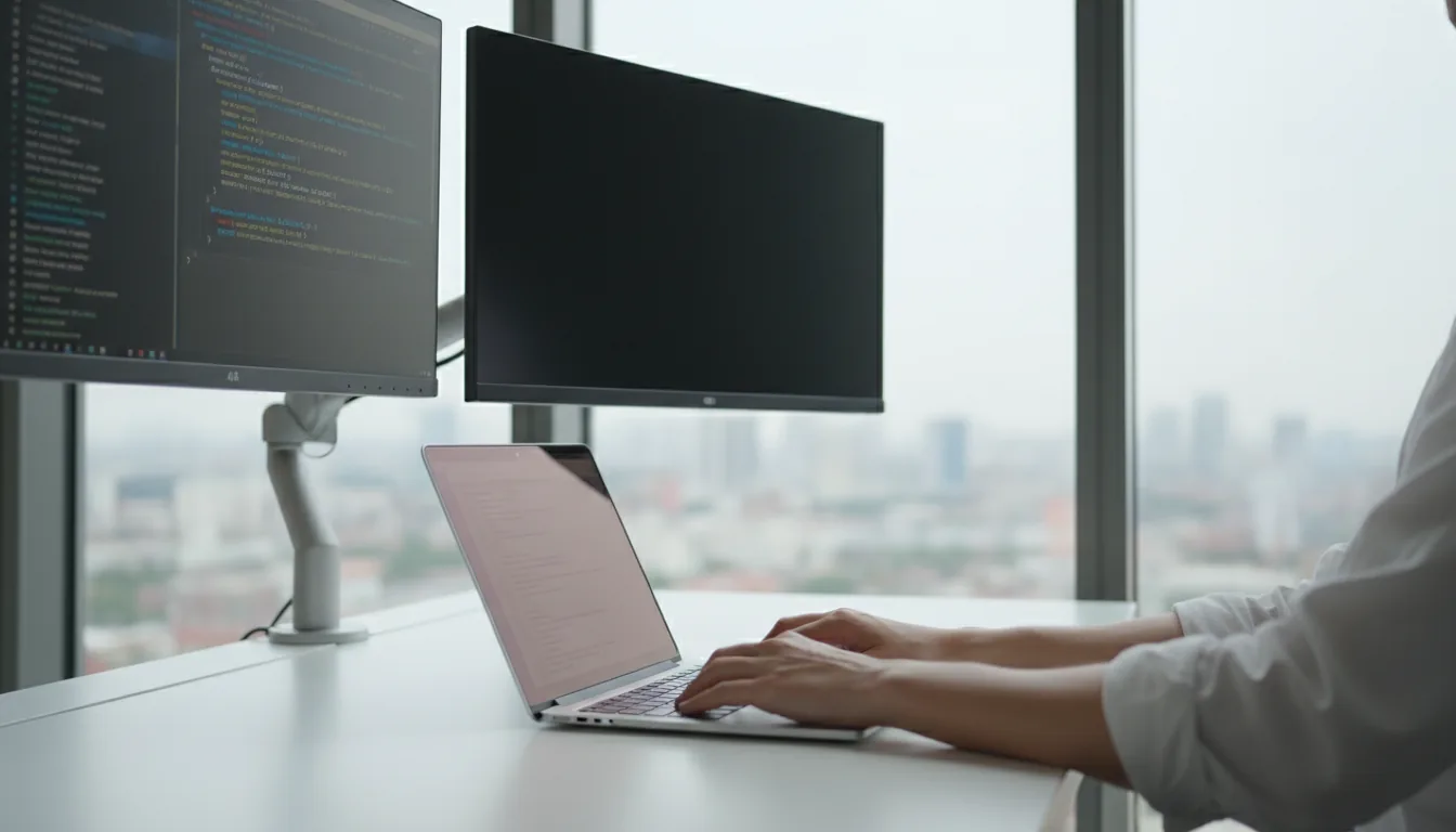 DSLR photo of a person typing on a silver laptop in a bright, modern office. The white desk is next to a large window with a view of a softly blurred city. In the background, two external monitors are mounted on a silver stand; one screen shows a dark mode code editor with colorful, abstracted text lines, while the second monitor is powered off. The scene is illuminated by soft, natural daylight, with a shallow depth of field focusing on the laptop and hands.