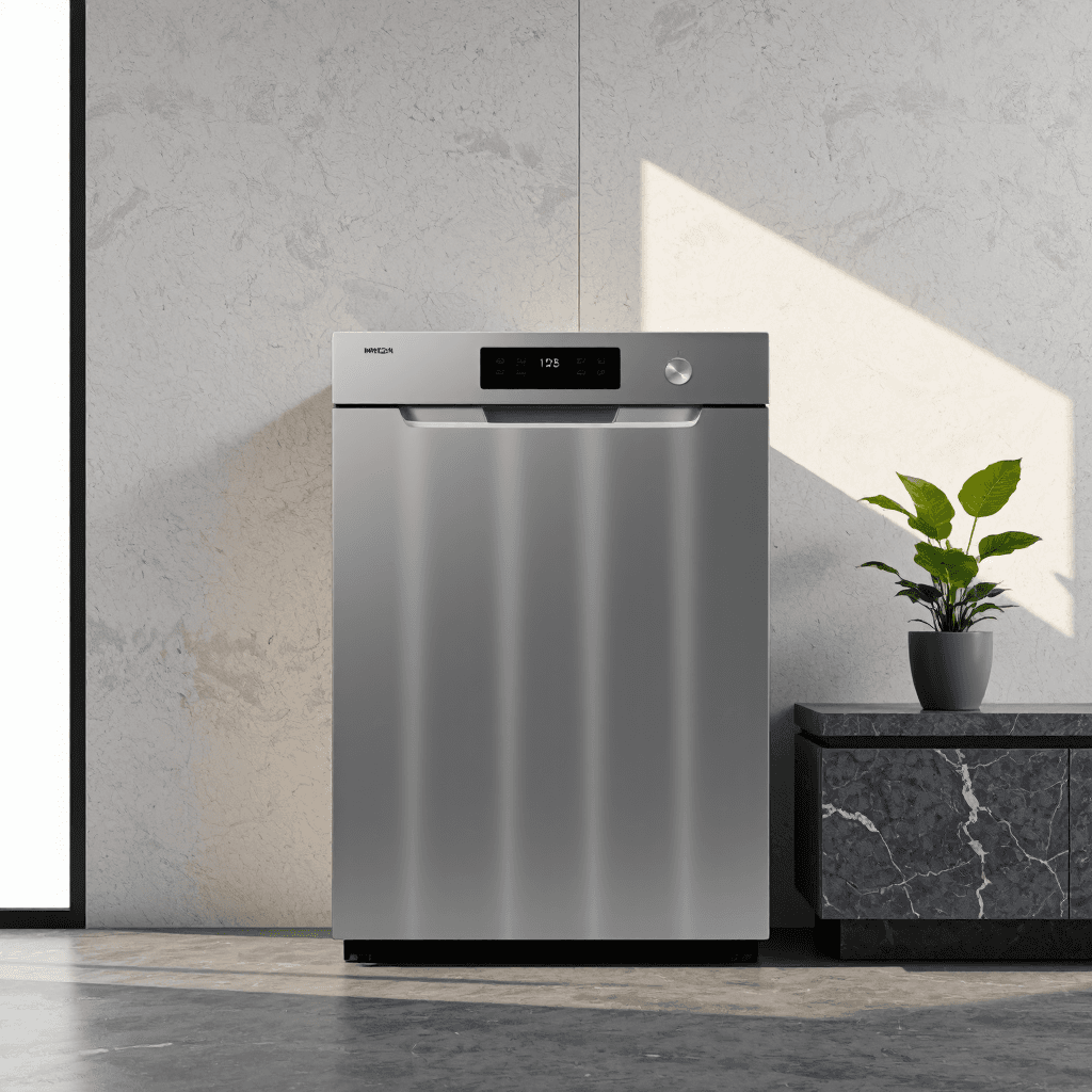 product photography of a stainless steel dishwasher with a digital control panel