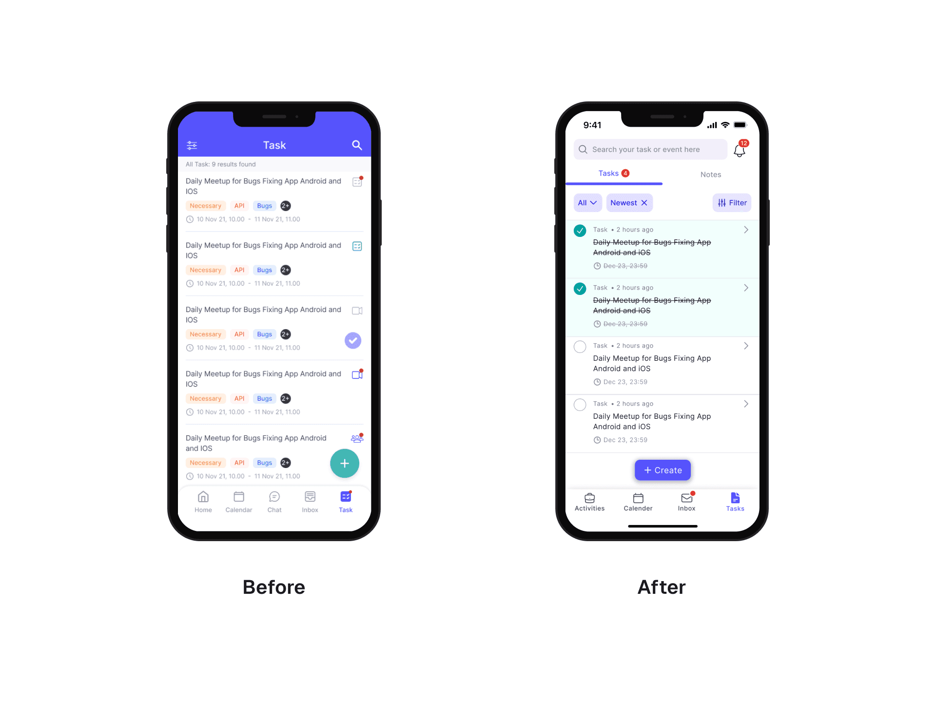Before and after task list screen worxspace