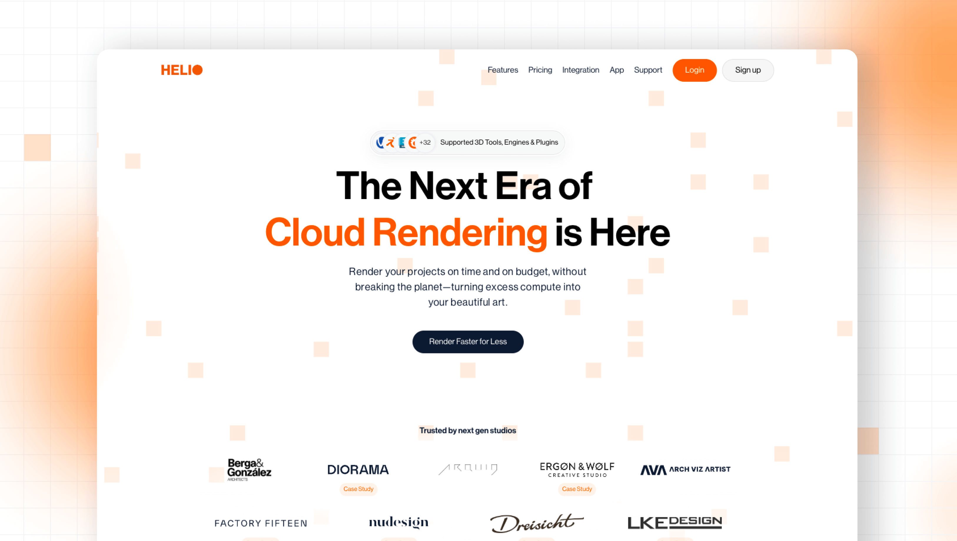 Helio Render website homepage showing tagline "The Next Era of Cloud Rendering is Here", a "Render Faster for Less" button, and client logos.