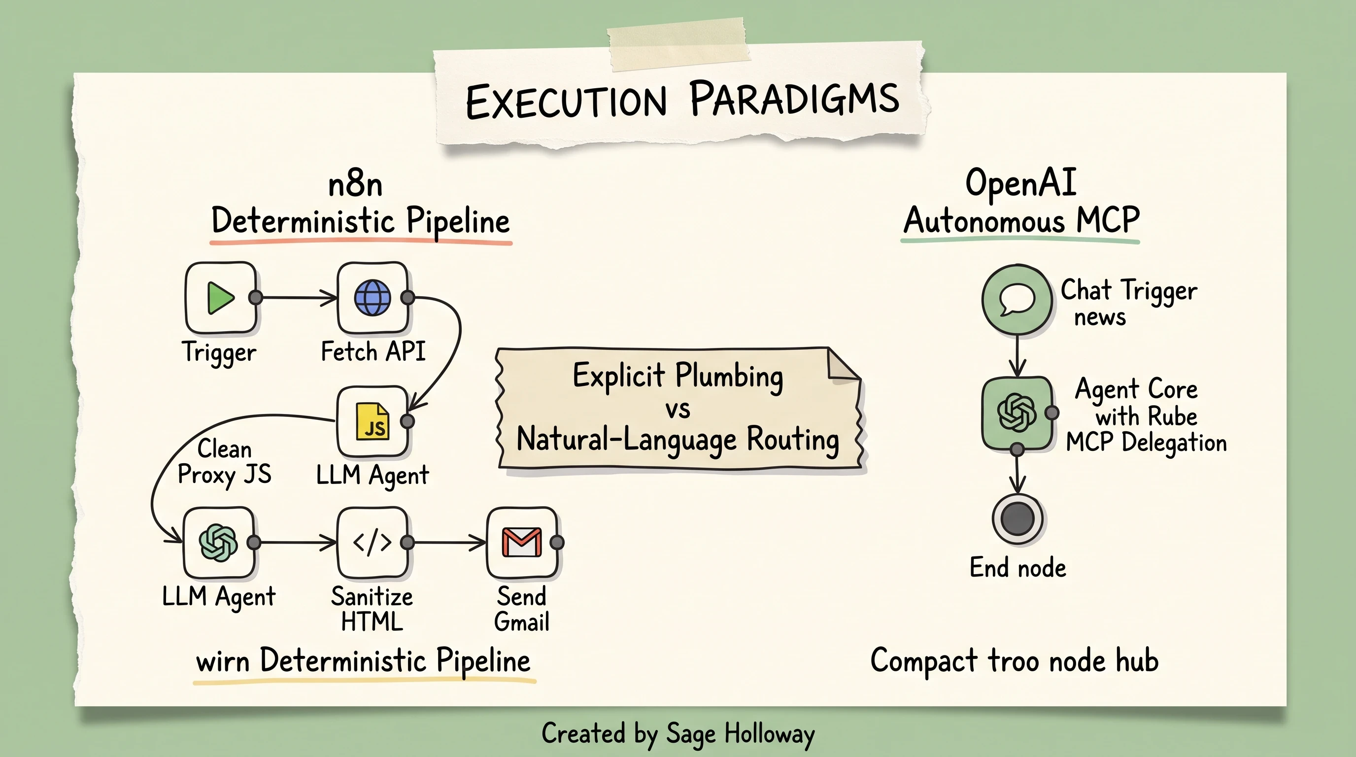Scrapbook architectural diagram contrasting n8n deterministic node execution with OpenAI autonomous MCP delegation