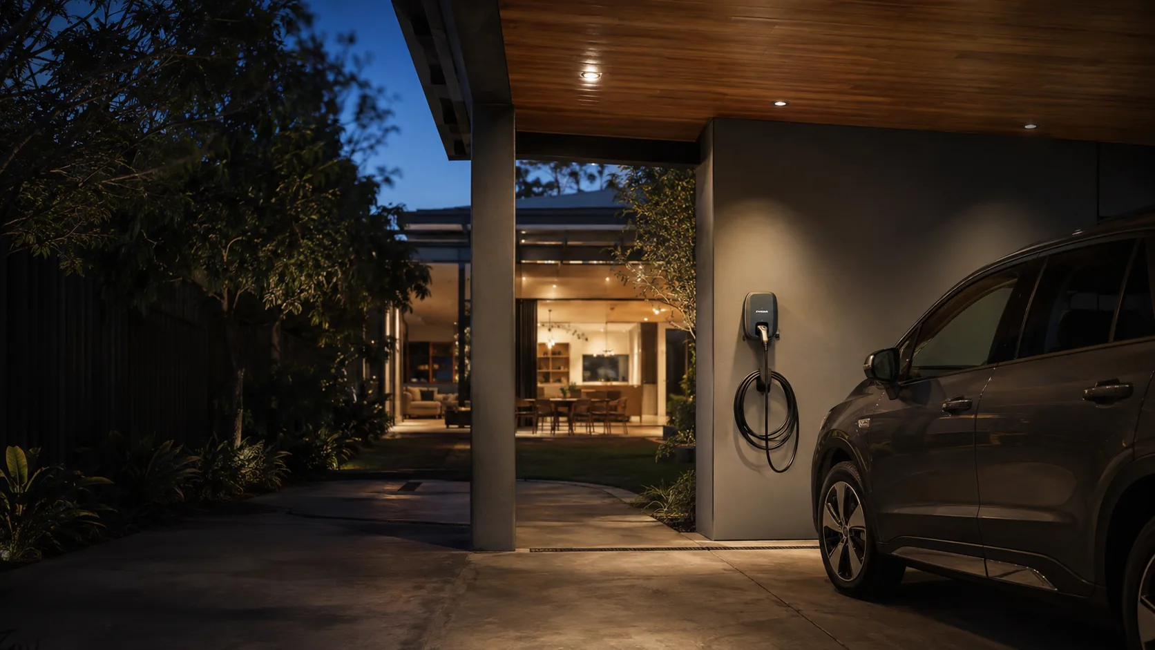 Illustrative Brisbane residential carport with home EV charger in the evening