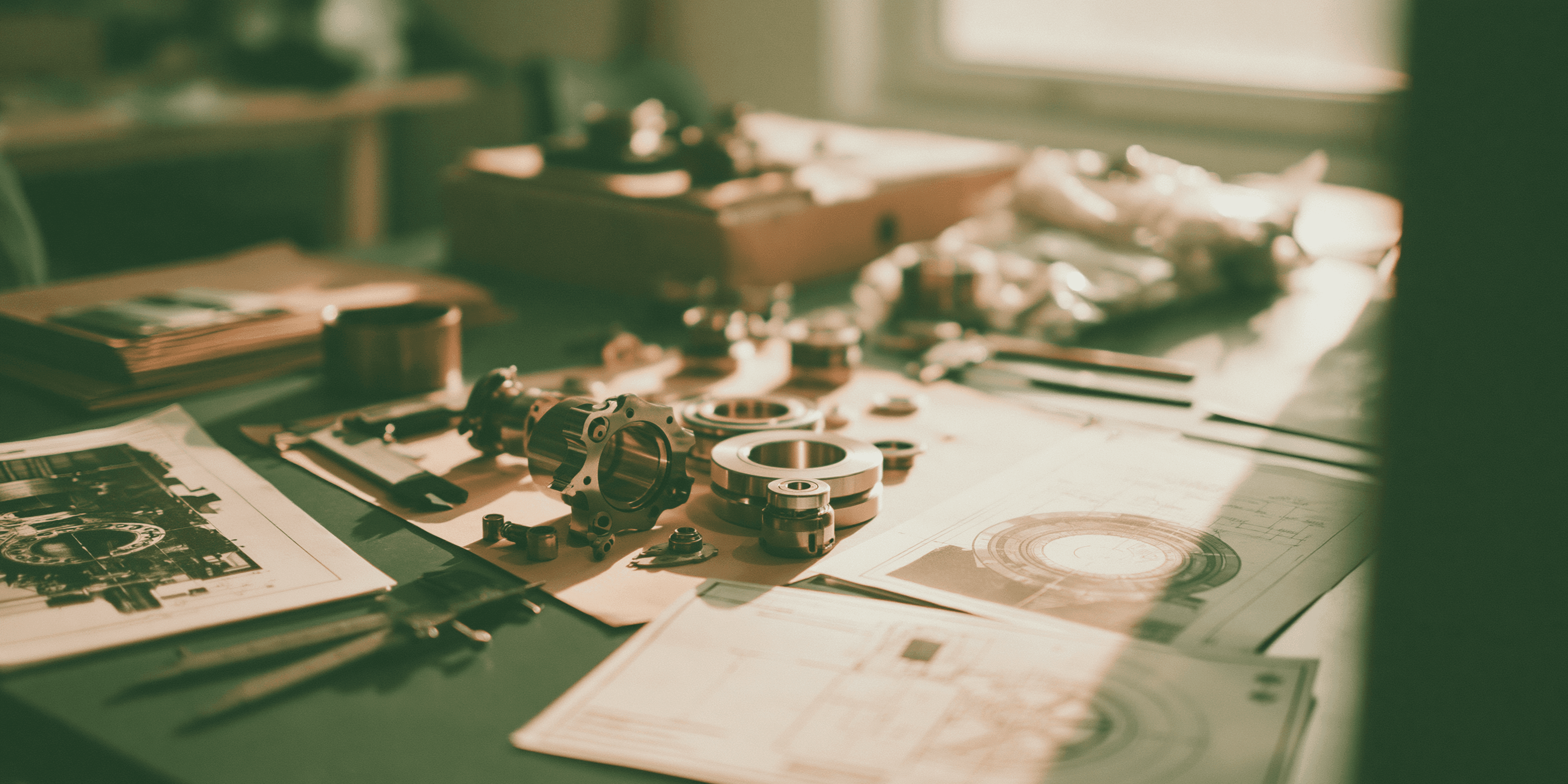 Camera equipment and technical drawings arranged across a worktable