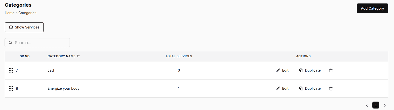 Categories page with the category table showing name, total services and edit, duplicate and delete actions
