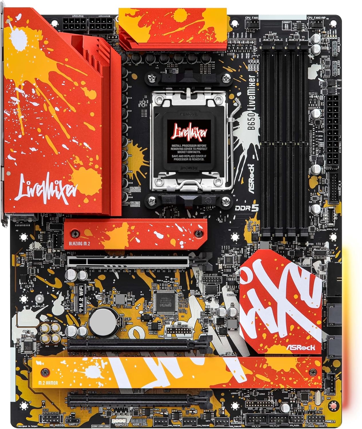 This is an image of the ASRock B650 LIVEMIXER motherboard, designed for AMD Ryzen systems with advanced connectivity and performance features.