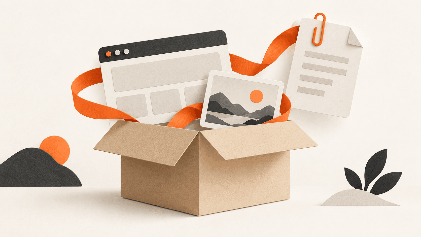 An open paper moving box holding a browser card, a small landscape photo card and a paperclip-linked document.