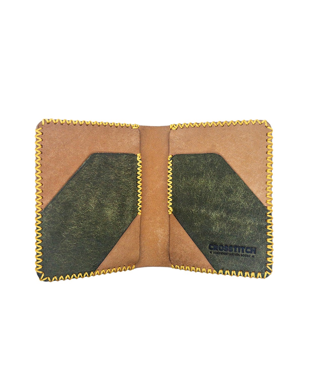 Handcrafted leather bifold wallet by Crosstitch Leather in tan and olive tones with yellow hand stitching.