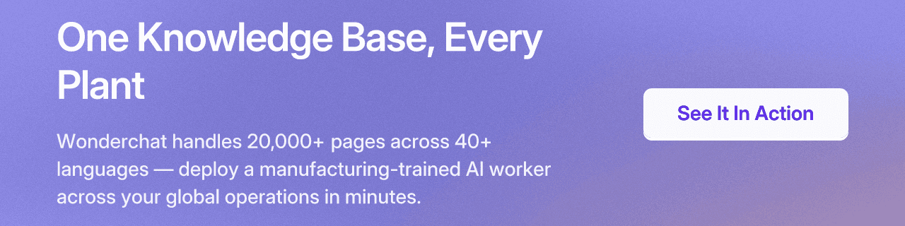 One Knowledge Base, Every Plant. Wonderchat handles 20,000+ pages across 40+ languages — deploy a manufacturing-trained AI worker across your global operations in minutes.