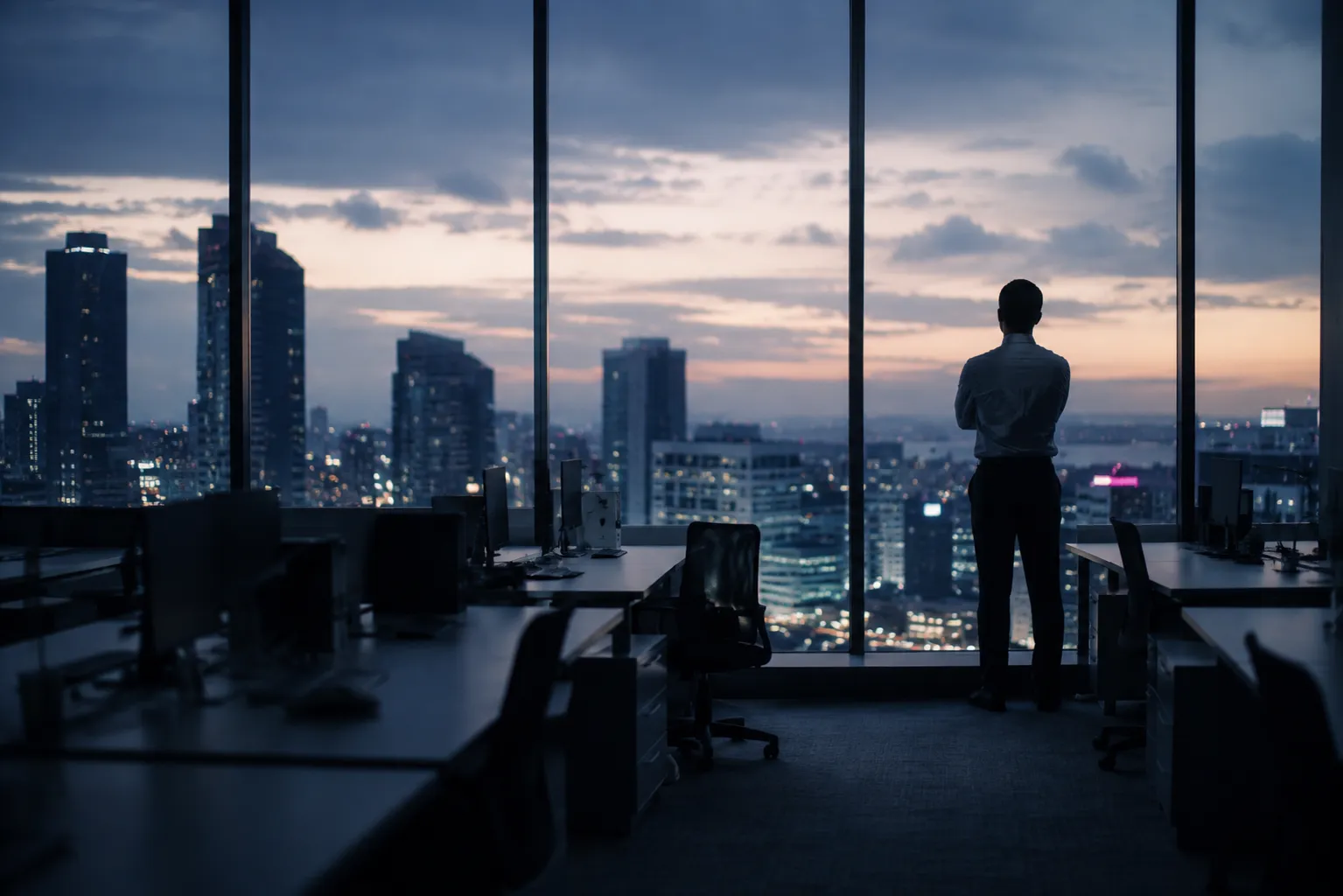 solitary-manager-facing-city-office-window