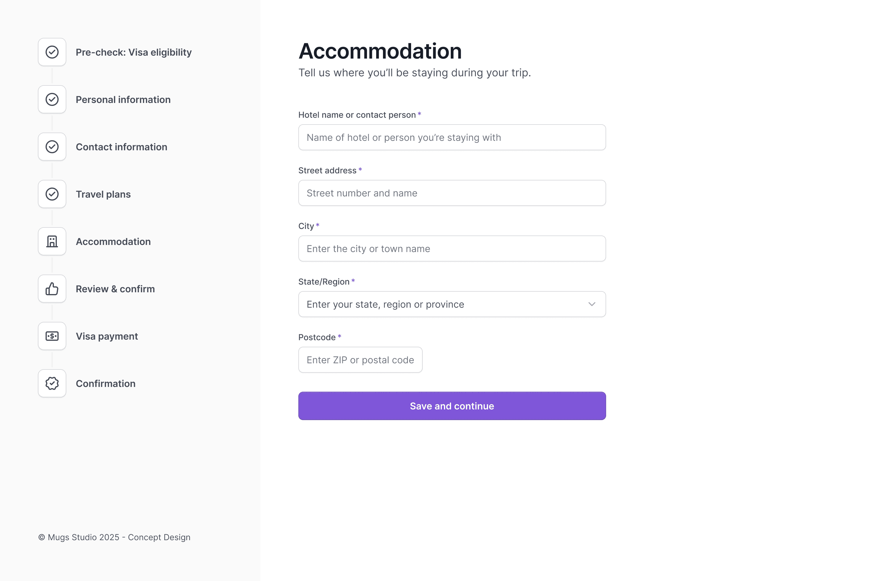 Accommodation step with fields for hotel name, address, city, region, and postcode.