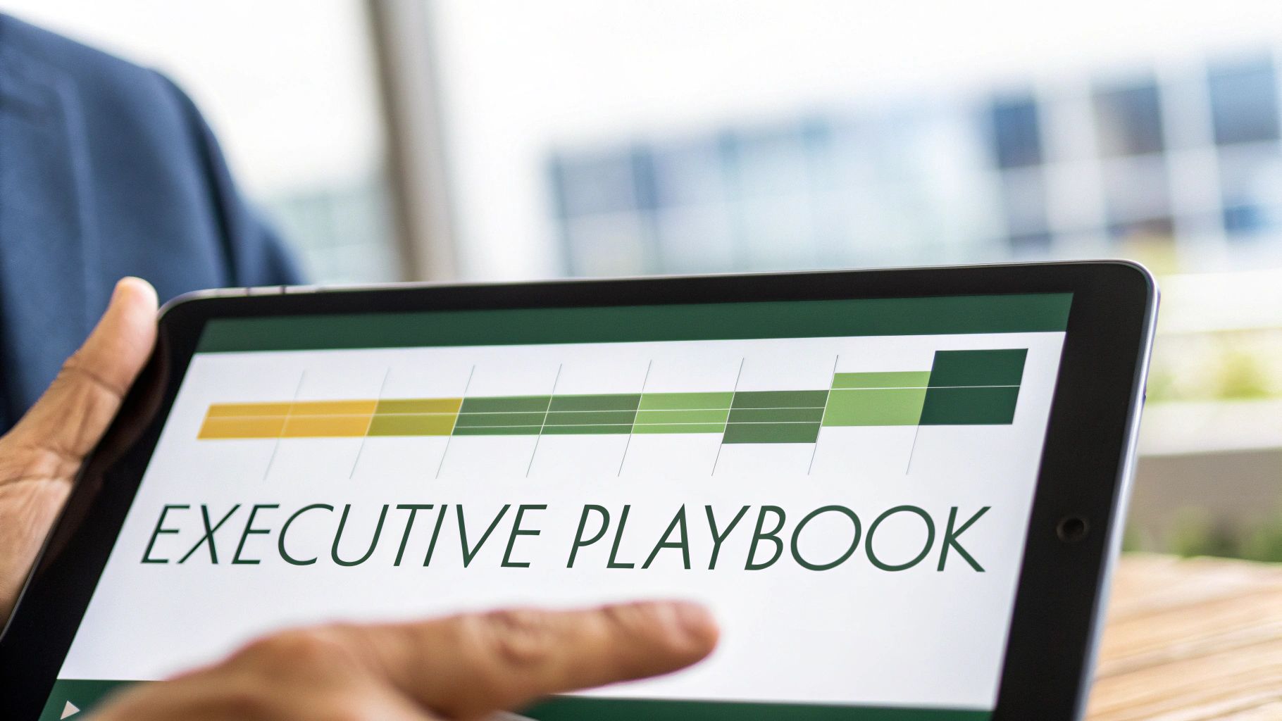 Person holding a tablet showing 'Executive Playbook' title and a progress bar chart.
