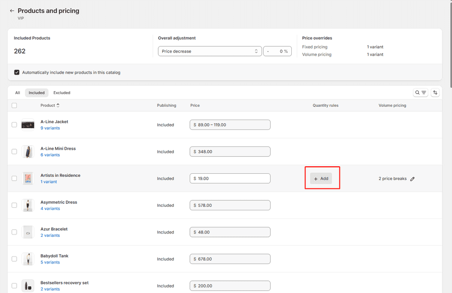 Liste Products and pricing in Shopify B2B mit markierter Add-Schaltfläche für Mengenregeln