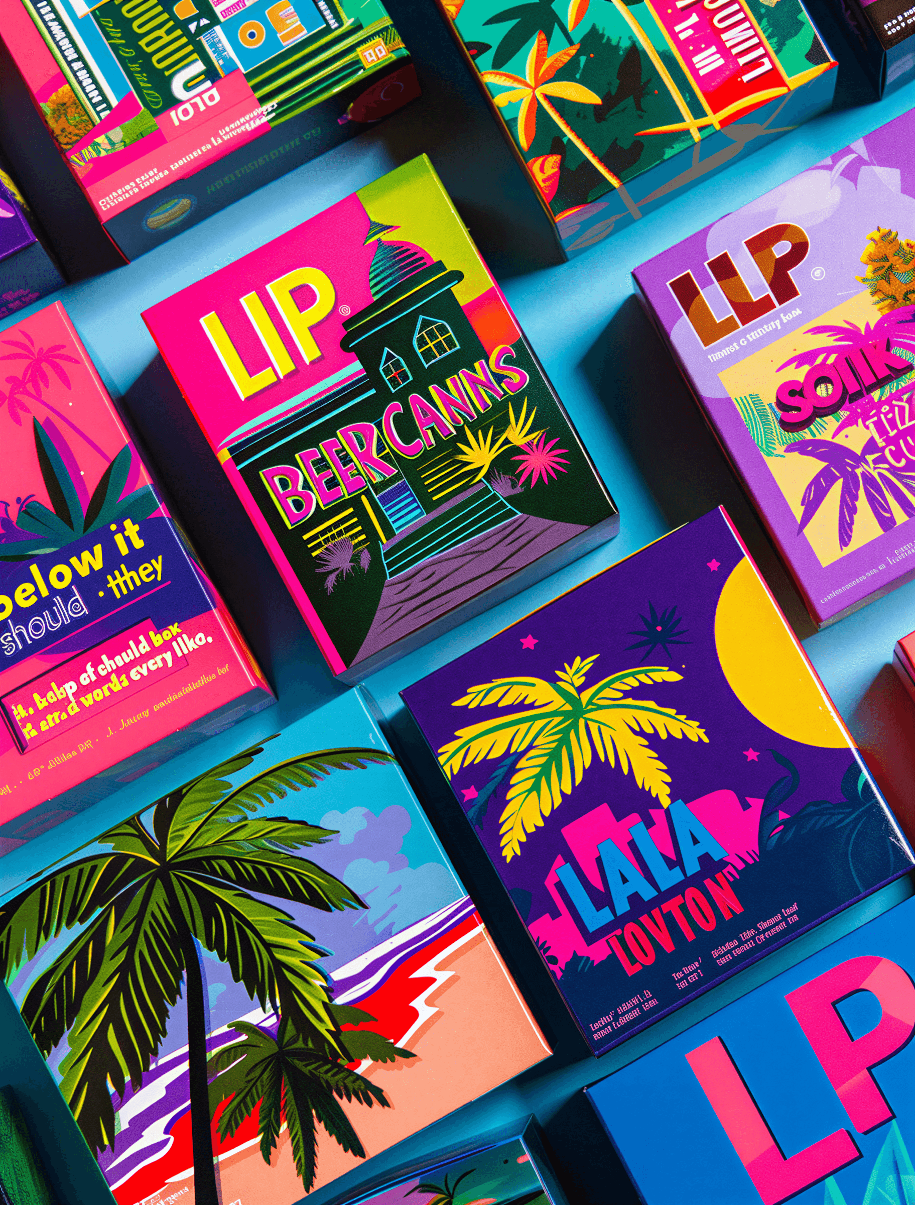 A colorful assortment of square boxes featuring tropical and vibrant designs with palm trees and cityscapes.