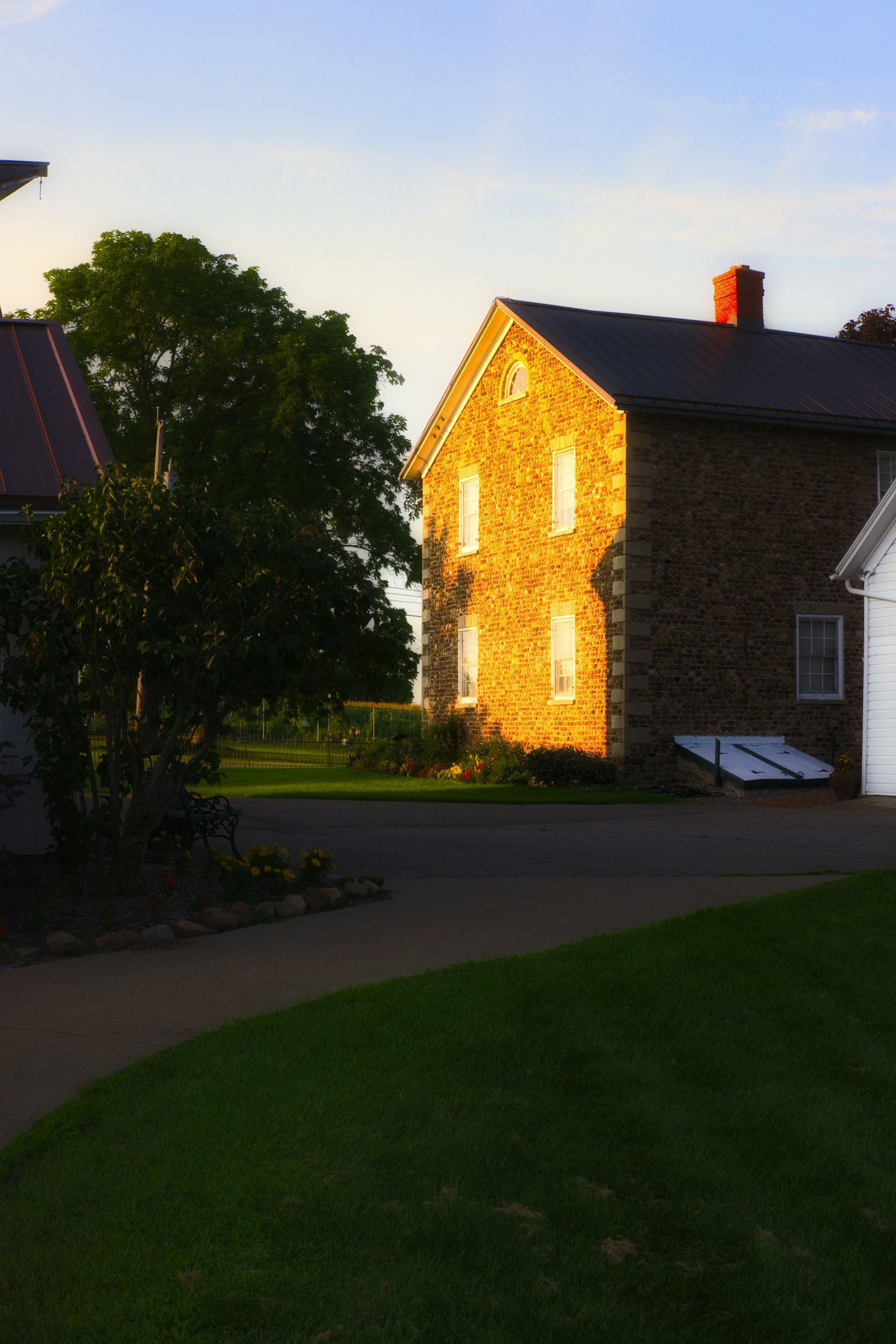 Stone house facade in evening light