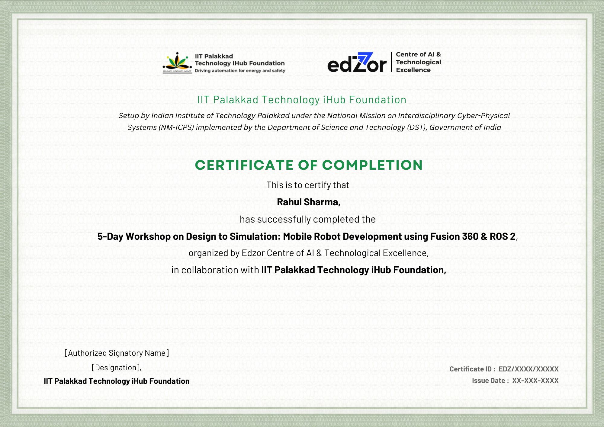 Sample Certificate of Completion — Edzor CAITE with IIT Palakkad Technology iHub Foundation