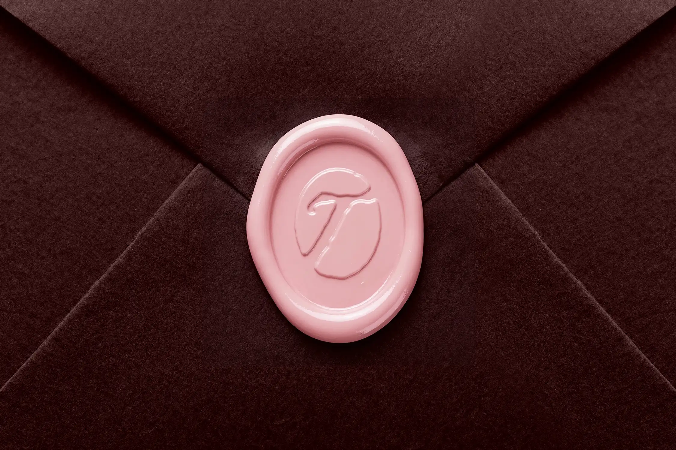 Tended brand identity — dark burgundy envelope with blush pink wax seal and T logomark