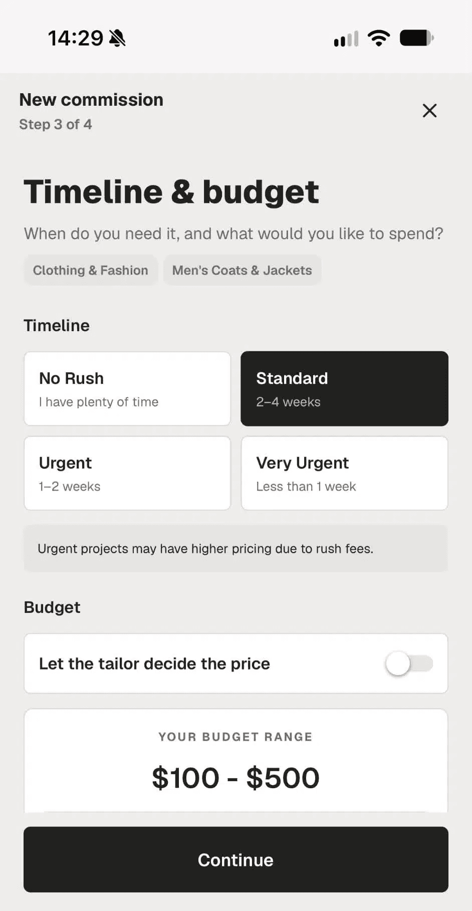 Sewi "New commission" flow, Step 3 of 4: timeline and budget screen with "Standard (2–4 weeks)" selected and a budget range of $100–$500.