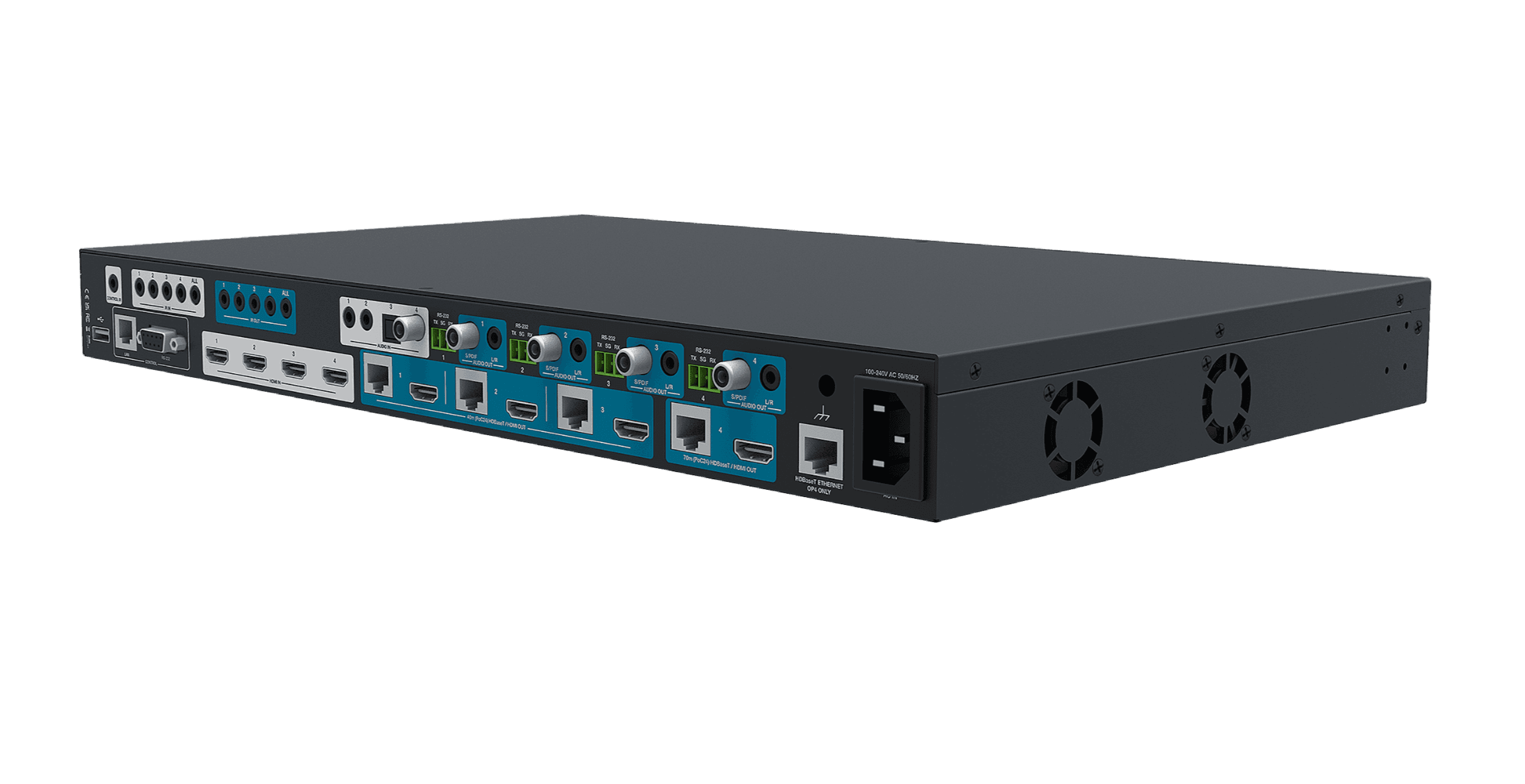 Back view of AV receiver with multiple HDMI, audio, and Ethernet ports