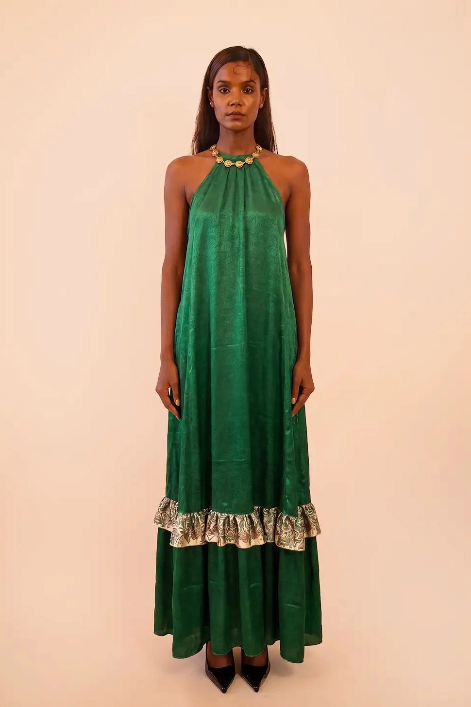 YAMI III is a one of a kind high neck dress, handcrafted in house from a vintage pure silk saree.