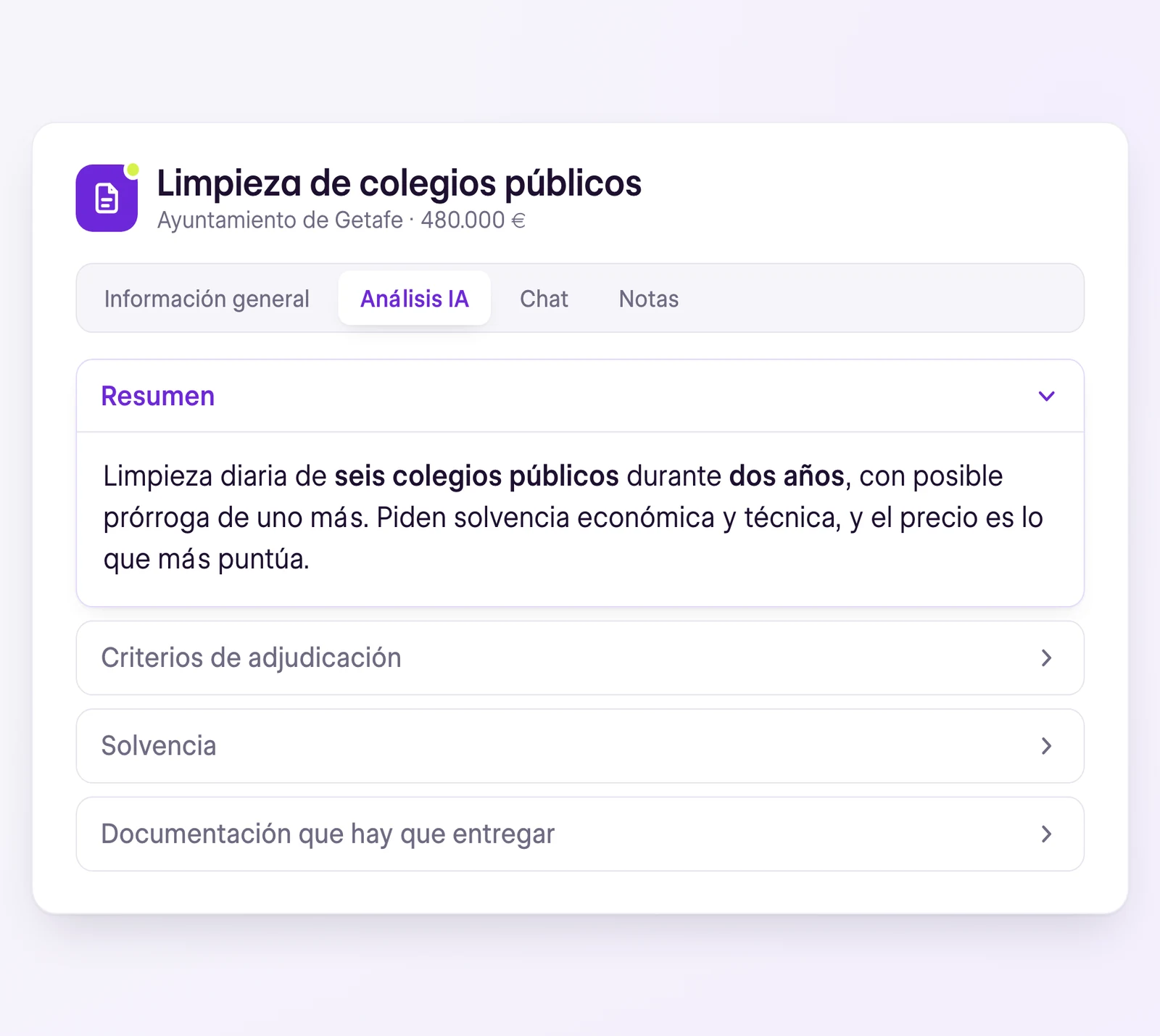 Pestaña Análisis IA con el resumen del pliego, los criterios de adjudicación, la solvencia y la documentación que hay que entregar