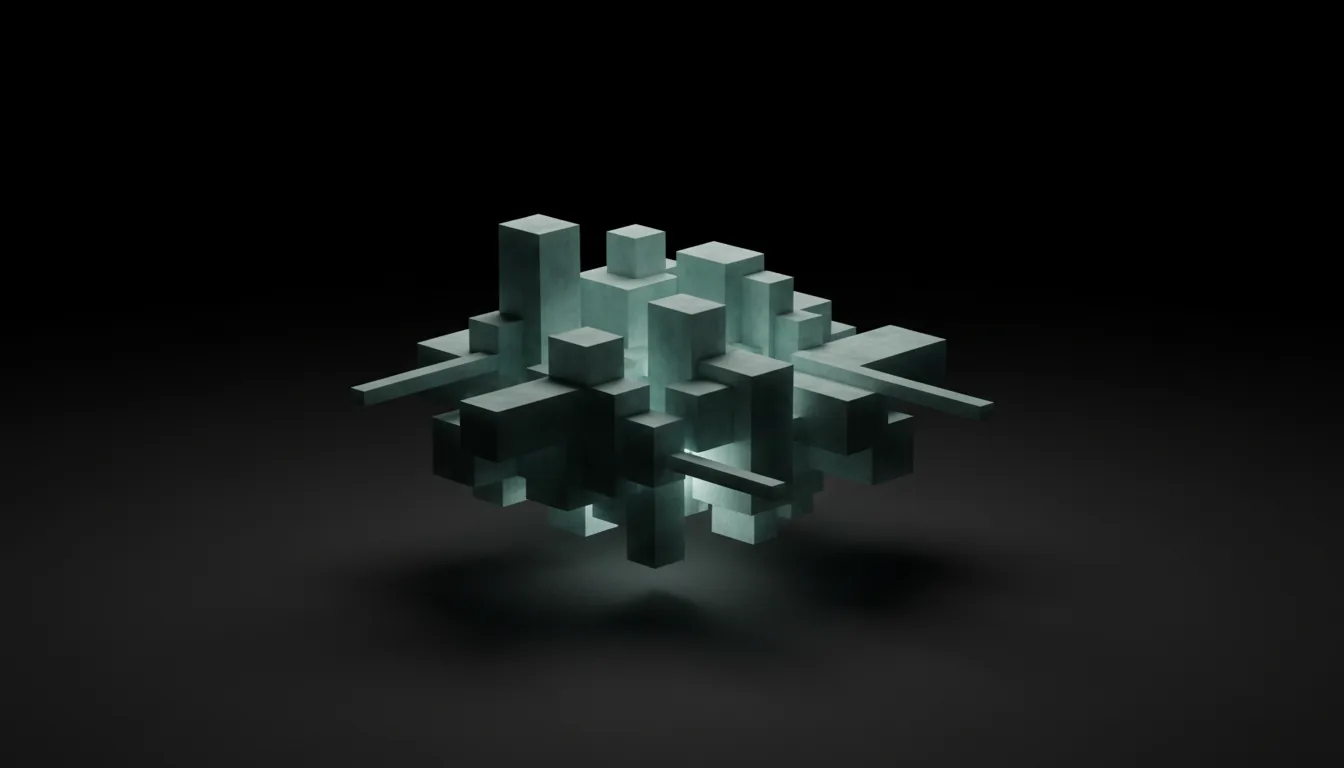 3D render of an abstract architectural composition of matte, desaturated teal cubes and rectangular prisms, inspired by Houdini software visuals. The geometric shapes are clustered together against a pure black studio backdrop. Soft global illumination glows from between and below the blocks, creating a subtle volumetric haze and casting deep, soft shadows, resulting in a dark, moody, and minimalist scene.