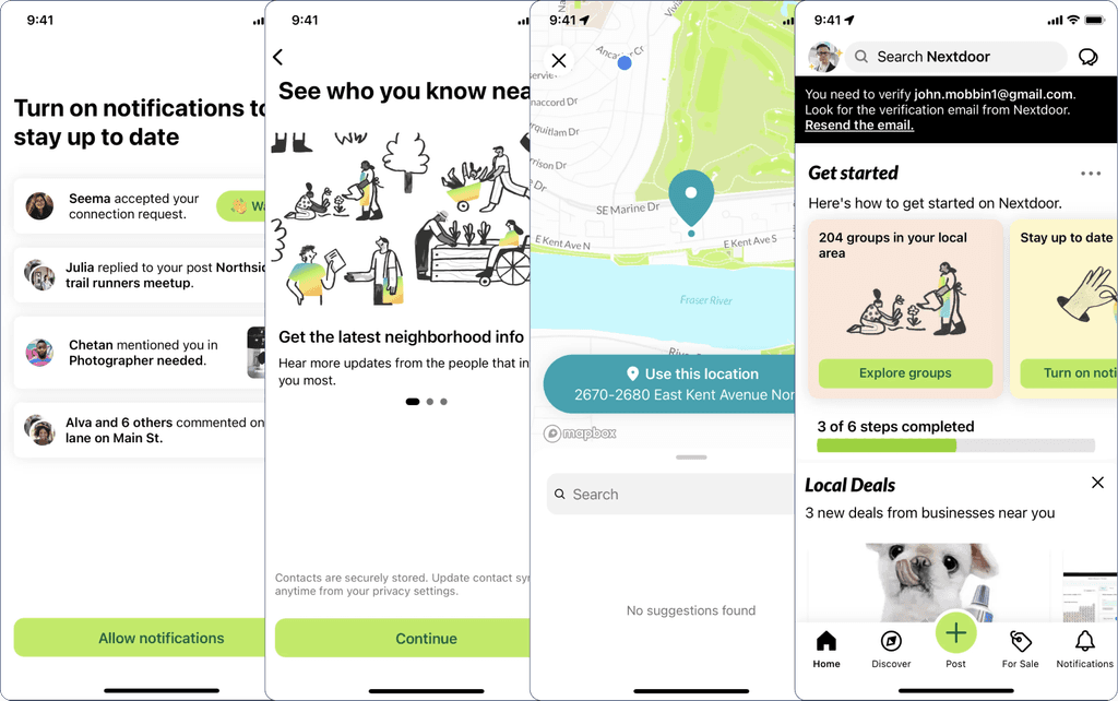 Nextdoor main onboarding screens on iOS