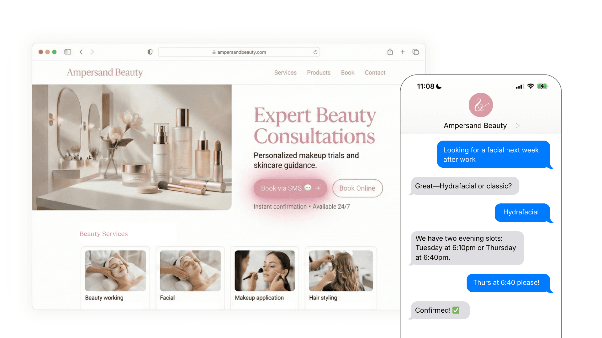 The Ampersand Beauty desktop website showing a "Book via SMS" option alongside a smartphone mockup of the resulting SMS conversation, where a customer books a Hydrafacial for Thursday at 6:40pm in just five messages.