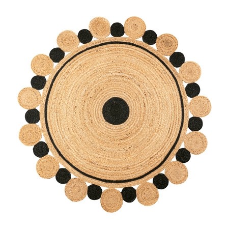 Handcrafted decorative round jute rug with black border circles
